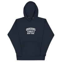 Queens Country Club Collegiate golf hoodie in Navy with varsity QUEENS GOLF NEW YORK graphic