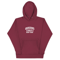 Queens Country Club Collegiate golf hoodie in Maroon with varsity QUEENS GOLF NEW YORK graphic