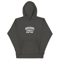 Queens Country Club Collegiate golf hoodie in Vintage Black with varsity QUEENS GOLF NEW YORK graphic