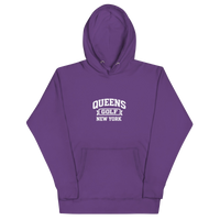Queens Country Club Collegiate golf hoodie in Purple with varsity QUEENS GOLF NEW YORK graphic