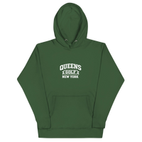 Queens Country Club Collegiate golf hoodie in Forest Green with varsity QUEENS GOLF NEW YORK graphic