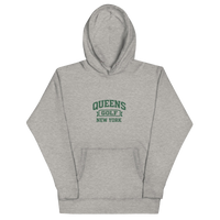 Queens Country Club Collegiate golf hoodie in Carbon Grey with varsity QUEENS GOLF NEW YORK graphic