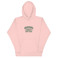Queens Country Club Collegiate golf hoodie in Light Pink with varsity QUEENS GOLF NEW YORK graphic