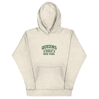 Queens Country Club Collegiate golf hoodie in Oatmeal Heather with varsity QUEENS GOLF NEW YORK graphic