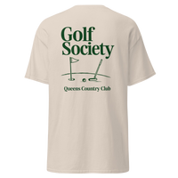 Queens Country Club Golf Society tee in Natural, back view with flagstick and putter graphic