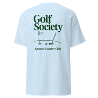 Queens Country Club Golf Society tee in Light Blue, back view with flagstick and putter graphic