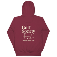 Queens Country Club Golf Society hoodie in Maroon, back view with putting green, flagstick and putter graphic