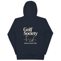 Queens Country Club Golf Society hoodie in Navy Blazer, back view with putting green, flagstick and putter graphic