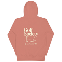 Queens Country Club Golf Society hoodie in Dusty Rose, back view with putting green, flagstick and putter graphic