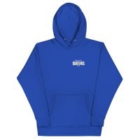 Queens Country Club Golf Society hoodie in Team Royal, front view with Play Golf in Queens NYC chest print