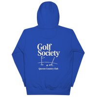 Queens Country Club Golf Society hoodie in Team Royal, back view with putting green, flagstick and putter graphic