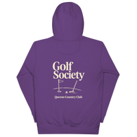 Queens Country Club Golf Society hoodie in Purple, back view with putting green, flagstick and putter graphic
