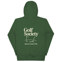 Queens Country Club Golf Society hoodie in Forest Green, back view with putting green, flagstick and putter graphic