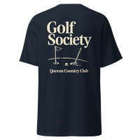 Queens Country Club Golf Society tee in Navy, back view with flagstick and putter graphic