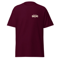 Queens Country Club Golf Society tee in Maroon, front view with Play Golf in Queens NYC chest print