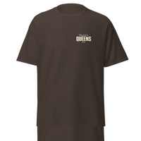Queens Country Club Golf Society tee in Dark Chocolate, front view with Play Golf in Queens NYC chest print