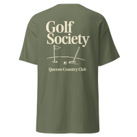 Queens Country Club Golf Society tee in Military Green, back view with flagstick and putter graphic