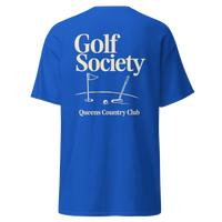 Queens Country Club Golf Society tee in Royal, back view with flagstick and putter graphic