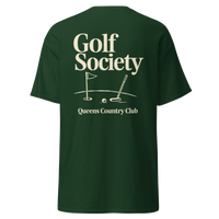 Queens Country Club Golf Society tee in Forest Green, back view with flagstick and putter graphic