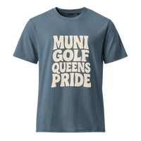 Blue t-shirt with 'MUNI GOLF QUEENS PRIDE' text | Queens Country Club