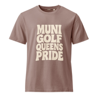 Brown t-shirt with 'MUNI GOLF QUEENS PRIDE' text | Queens Country Club