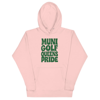 Muni Golf Queens Pride Hoodie- Green in Light Pink — front view | Queens Country Club