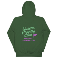 Queens CC “City’s Country Club” Hoodie in Forest Green — back view | Queens Country Club