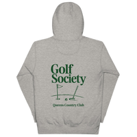 Queens Country Club Golf Society hoodie in Carbon Grey, back view with putting green, flagstick and putter graphic