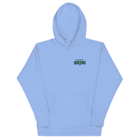 Queens Country Club Golf Society hoodie in Carolina Blue, front view with Play Golf in Queens NYC chest print