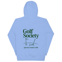 Queens Country Club Golf Society hoodie in Carolina Blue, back view with putting green, flagstick and putter graphic