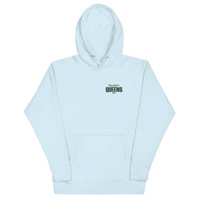 Queens Country Club Golf Society hoodie in Sky Blue, front view with Play Golf in Queens NYC chest print