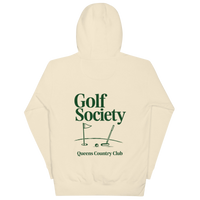 Queens Country Club Golf Society hoodie in Bone, back view with putting green, flagstick and putter graphic