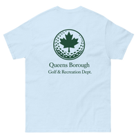 Queens Golf Dept. Tee - Green in Light Blue — back view | Queens Country Club