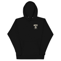 Black Queens Country Club hoodie featuring cream “Queens Borough Golf & Recreation Dept.” back graphic and small QCC logo on front chest.