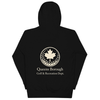 Queens Country Club hoodie featuring cream “Queens Borough Golf & Recreation Dept.” back graphic and small QCC logo on front chest.