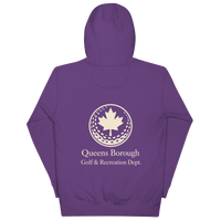 Queens Country Club hoodie featuring cream “Queens Borough Golf & Recreation Dept.” back graphic and small QCC logo on front chest.