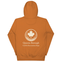 Queens Country Club hoodie featuring cream “Queens Borough Golf & Recreation Dept.” back graphic and small QCC logo on front chest.