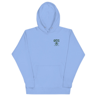 Queens Country Club hoodie featuring green “Queens Borough Golf & Recreation Dept.” back graphic and small QCC logo on front chest.