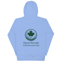 Queens Golf Dept. Hoodie with green Queens Borough Golf & Recreation Dept. graphic — Carolina Blue back view | Queens Country Club