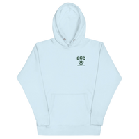 Queens Golf Dept. Hoodie with green Queens Borough Golf & Recreation Dept. graphic — Sky Blue front view | Queens Country Club