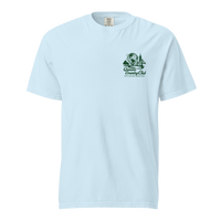 Queens Country Club Unisphere golf tee in Chambray, front view with green chest logo