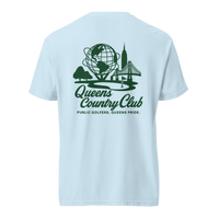 Queens Country Club Unisphere golf tee in Chambray, back view with Unisphere, Empire State Building and Triborough Bridge graphic