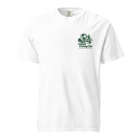 Queens Country Club Unisphere golf tee in White, front view with green chest logo