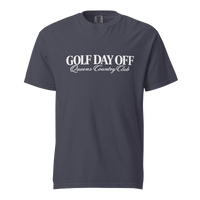 Golf Day Off Tee featuring white vintage inspired Queens Country Club graphic on a garment-dyed heavyweight t-shirt.