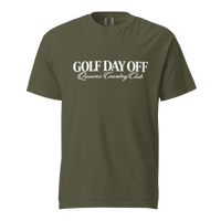 Golf Day Off Tee featuring white vintage inspired Queens Country Club graphic on a garment-dyed heavyweight t-shirt.