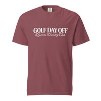 Golf Day Off Tee featuring white f-inspired Queens Country Club graphic on a garment-dyed heavyweight t-shirt.