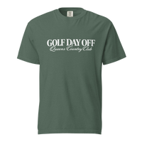 Golf Day Off Tee featuring white f-inspired Queens Country Club graphic on a garment-dyed heavyweight t-shirt.