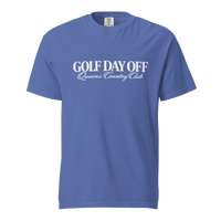 Blue t-shirt with 'GOLF DAY OFF Queens Country Club' text