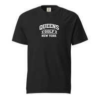 Queens Collegiate Golf Tee White in Black — front view | Queens Country Club