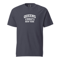 Queens Collegiate Golf Tee White in Navy — front view | Queens Country Club
